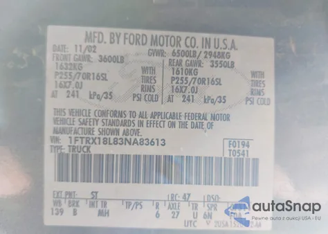 2003 Ford F-150 Lariat/Xl/Xlt из США, поврежденный, VIN 1FTRX18L83NA83613